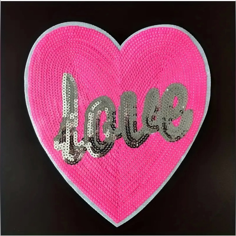 Pink & Silver Sequined Love Heart Iron-On Textured Applique, Large, New